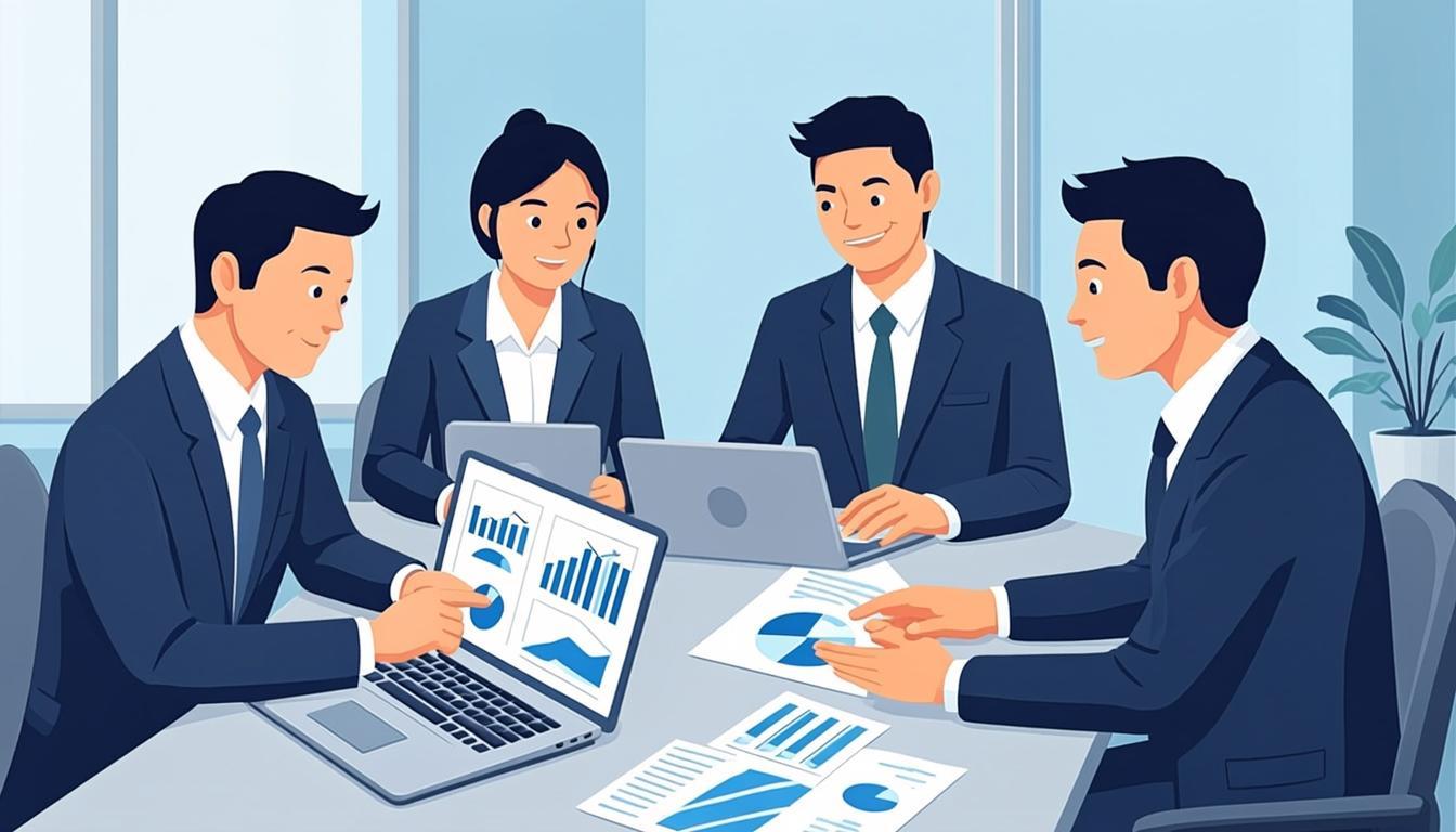 Business team collaborating on professional documents around a table — DocForge AI workflow